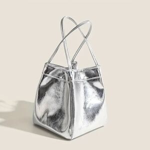 Mini Fashion Lace Bucket Bag Silver Vegan Leather Elegant Handbag Fashion Trend